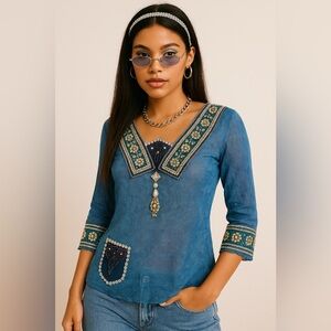 Zoey Beth Blue Sheer Embellished Tunic Top - Boho Festival Style - Size S/M